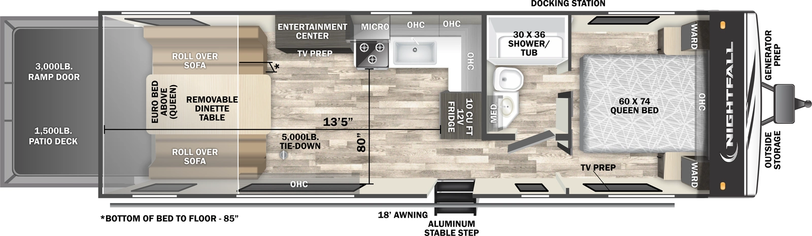 The Nightfall 24N floorplan is a toy hauler that has one entry and zero slide outs. Exterior features include: fiberglass exterior and 18' awning. Interiors features include: front bedroom.